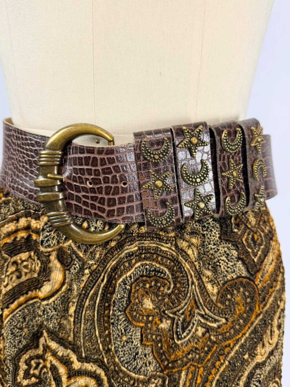 Vintage 90s Tapestry Baroque Textured Paisley Black Golden Maxi Stretch Skirt M - Picture 5 of 7